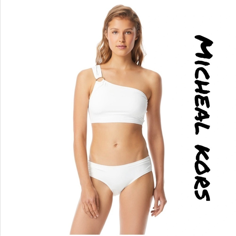 Michael Kors White Logo Ring One Shoulder Bikini Set